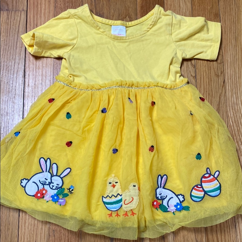 Hanna Andersson Yellow Easter Dress with Bunny and Chick Embroidery